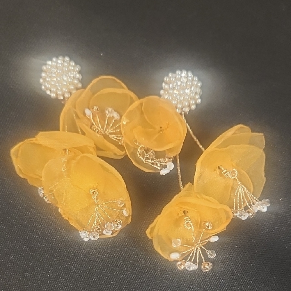 Elegant Yellow Organza Floral Earrings with Pearl Accents